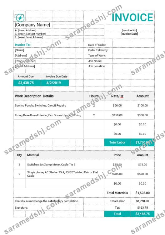 Electrical Work Order Invoice Template